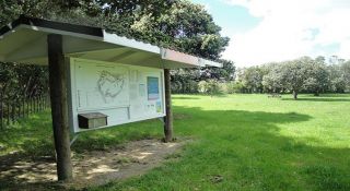 Clifftop campground - Notice board and camping area.